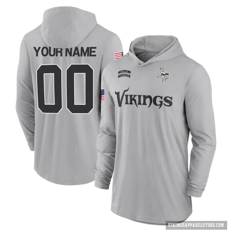 Men's ＃00 Custom Minnesota Vikings Gray 2024 Salute to Service Lightweight Performance Long Sleeve Hooded T-Shirt