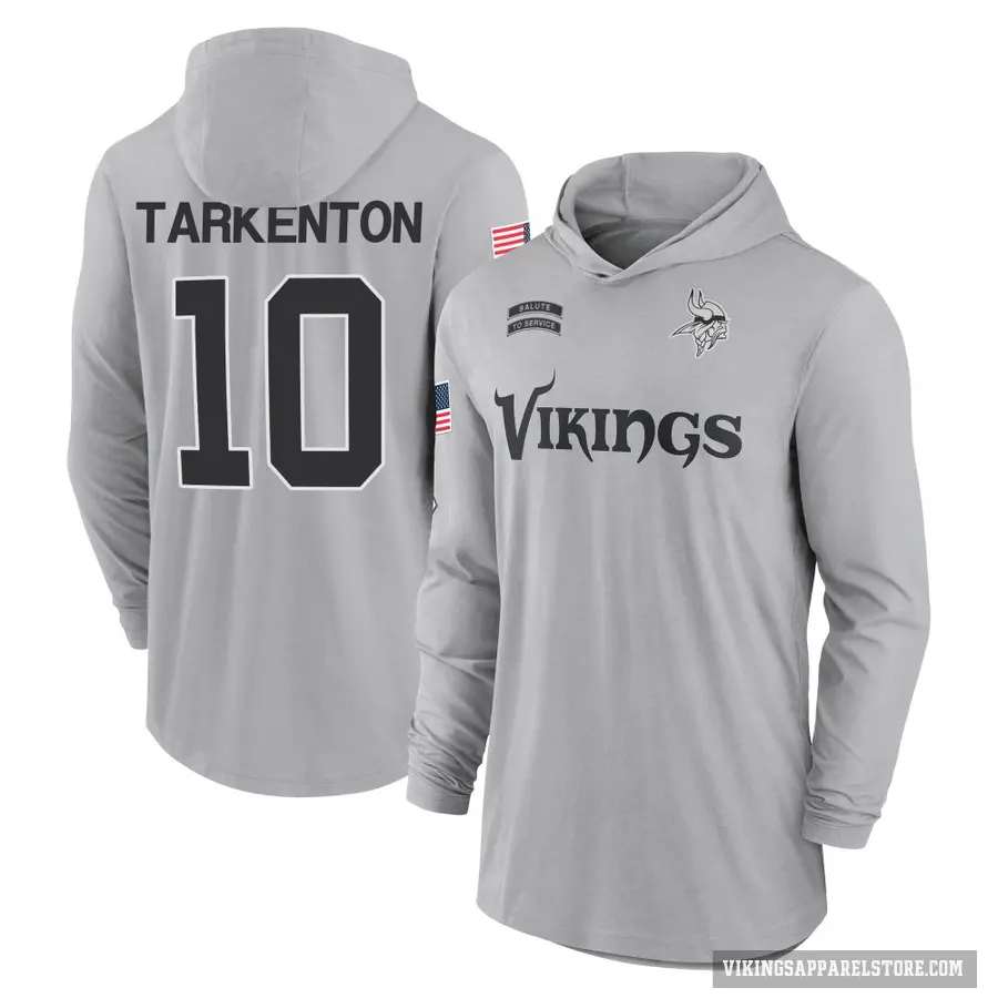 Men's ＃10 Fran Tarkenton Minnesota Vikings Gray 2024 Salute to Service Lightweight Performance Long Sleeve Hooded T-Shirt