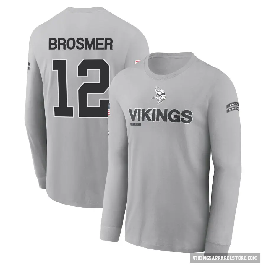Men's ＃12 Max Brosmer Minnesota Vikings Gray 2024 Salute to Service Long Sleeve T-Shirt