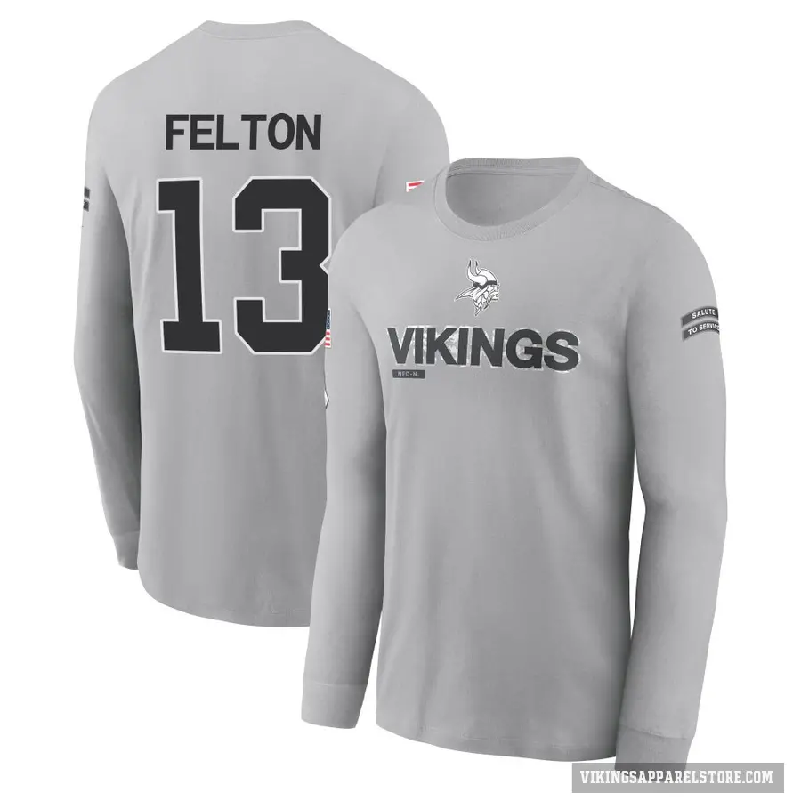 Men's ＃13 Tai Felton Minnesota Vikings Gray 2024 Salute to Service Long Sleeve T-Shirt