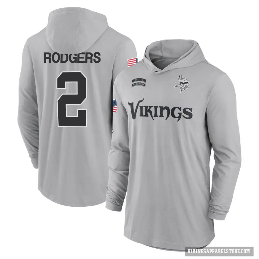Men's ＃2 Isaiah Rodgers Minnesota Vikings Gray 2024 Salute to Service Lightweight Performance Long Sleeve Hooded T-Shirt