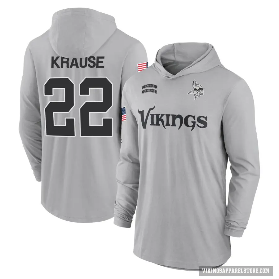 Men's ＃22 Paul Krause Minnesota Vikings Gray 2024 Salute to Service Lightweight Performance Long Sleeve Hooded T-Shirt