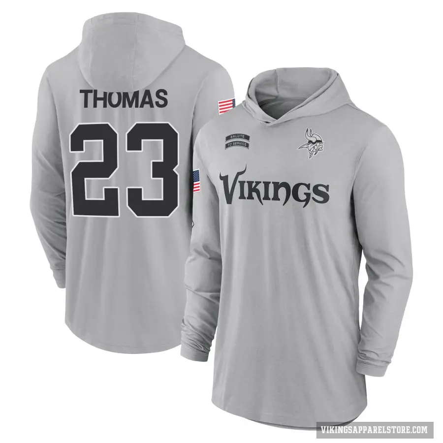 Men's ＃23 Ambry Thomas Minnesota Vikings Gray 2024 Salute to Service Lightweight Performance Long Sleeve Hooded T-Shirt