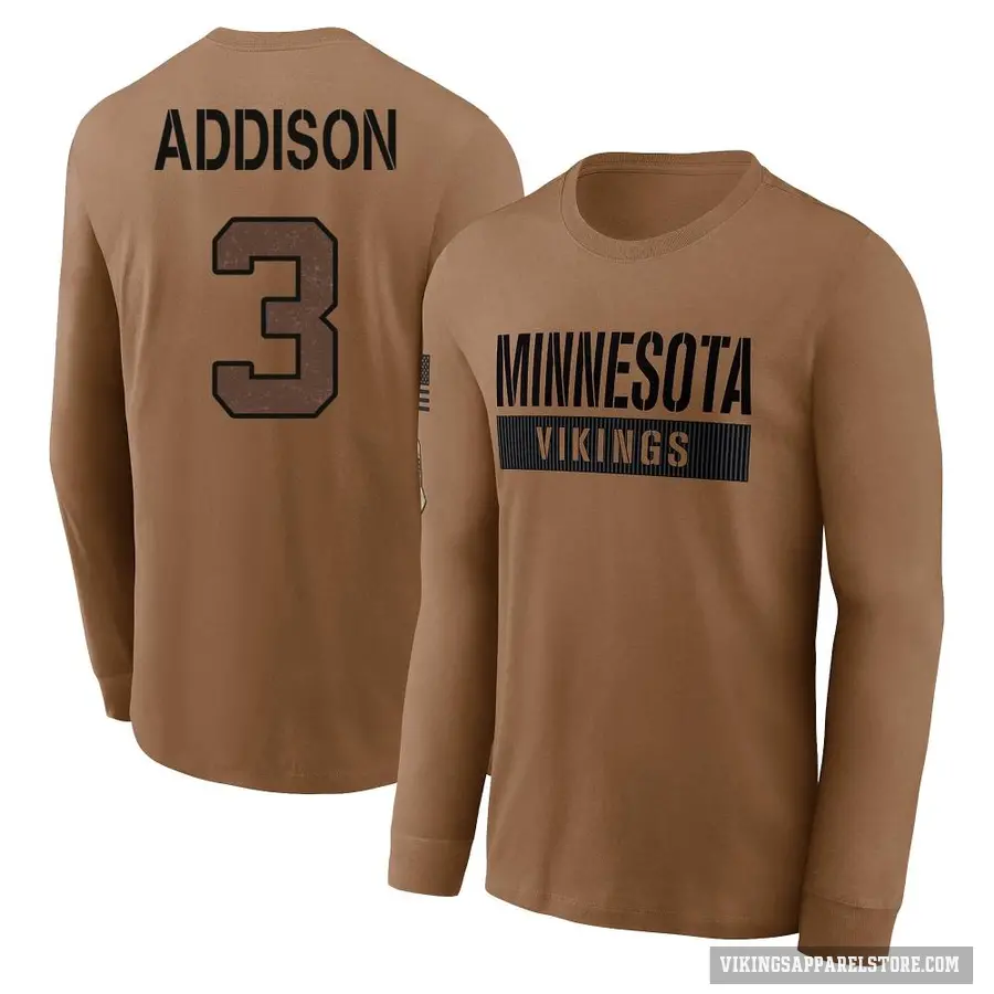 Men's ＃3 Jordan Addison Minnesota Vikings Brown 2023 Salute To Service Long Sleeve T-Shirt