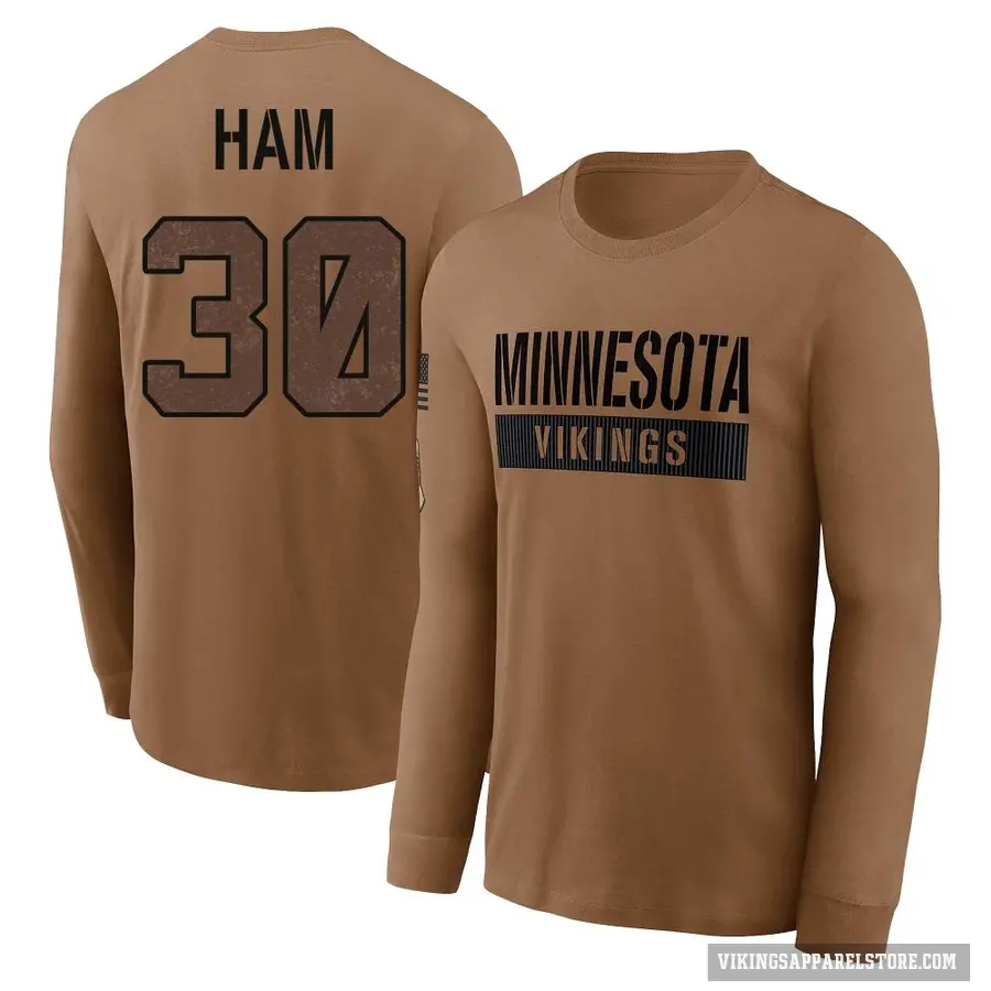 Men's ＃30 C.J. Ham Minnesota Vikings Brown 2023 Salute To Service Long Sleeve T-Shirt