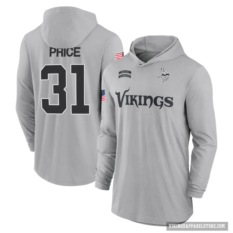 Men's ＃31 Myles Price Minnesota Vikings Gray 2024 Salute to Service Lightweight Performance Long Sleeve Hooded T-Shirt