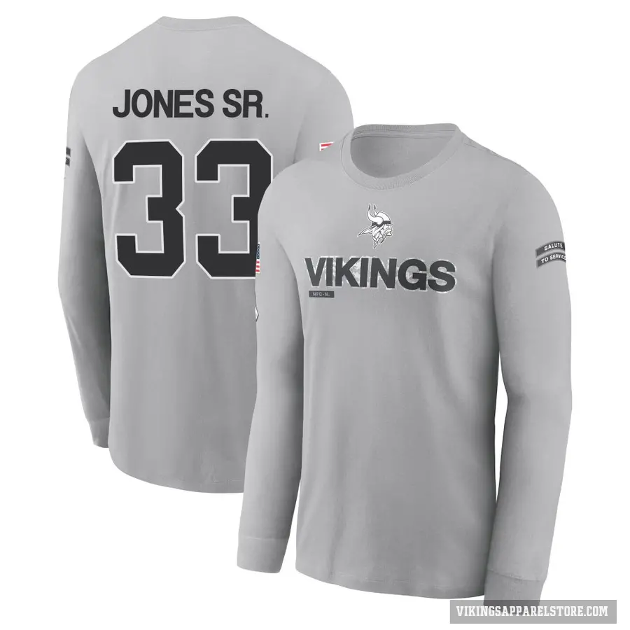Men's ＃33 Aaron Jones Sr. Minnesota Vikings Gray 2024 Salute to Service Long Sleeve T-Shirt
