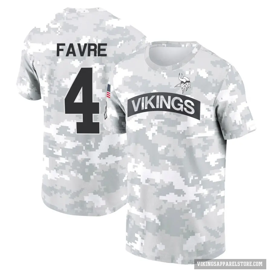 Men's ＃4 Brett Favre Minnesota Vikings Camo Arctic 2024 Salute to Service Performance T-Shirt