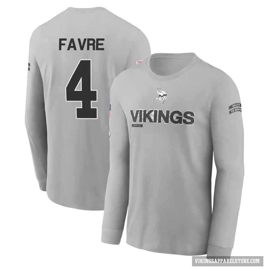Men's ＃4 Brett Favre Minnesota Vikings Gray 2024 Salute to Service Long Sleeve T-Shirt