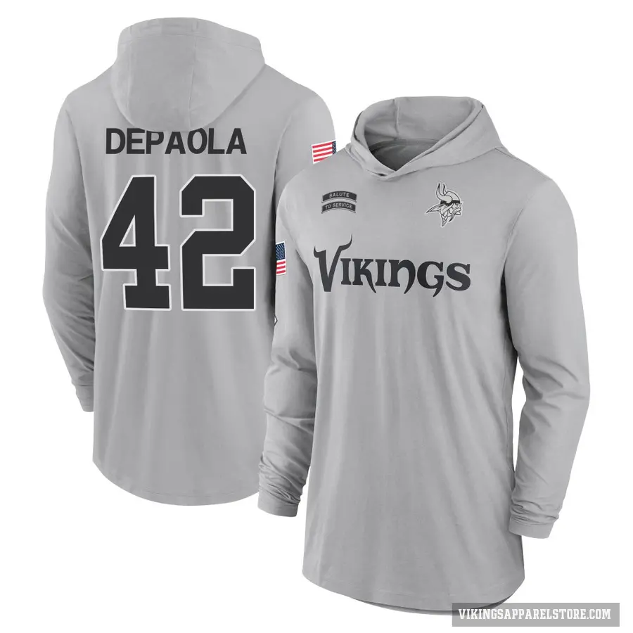 Men's ＃42 Andrew DePaola Minnesota Vikings Gray 2024 Salute to Service Lightweight Performance Long Sleeve Hooded T-Shirt