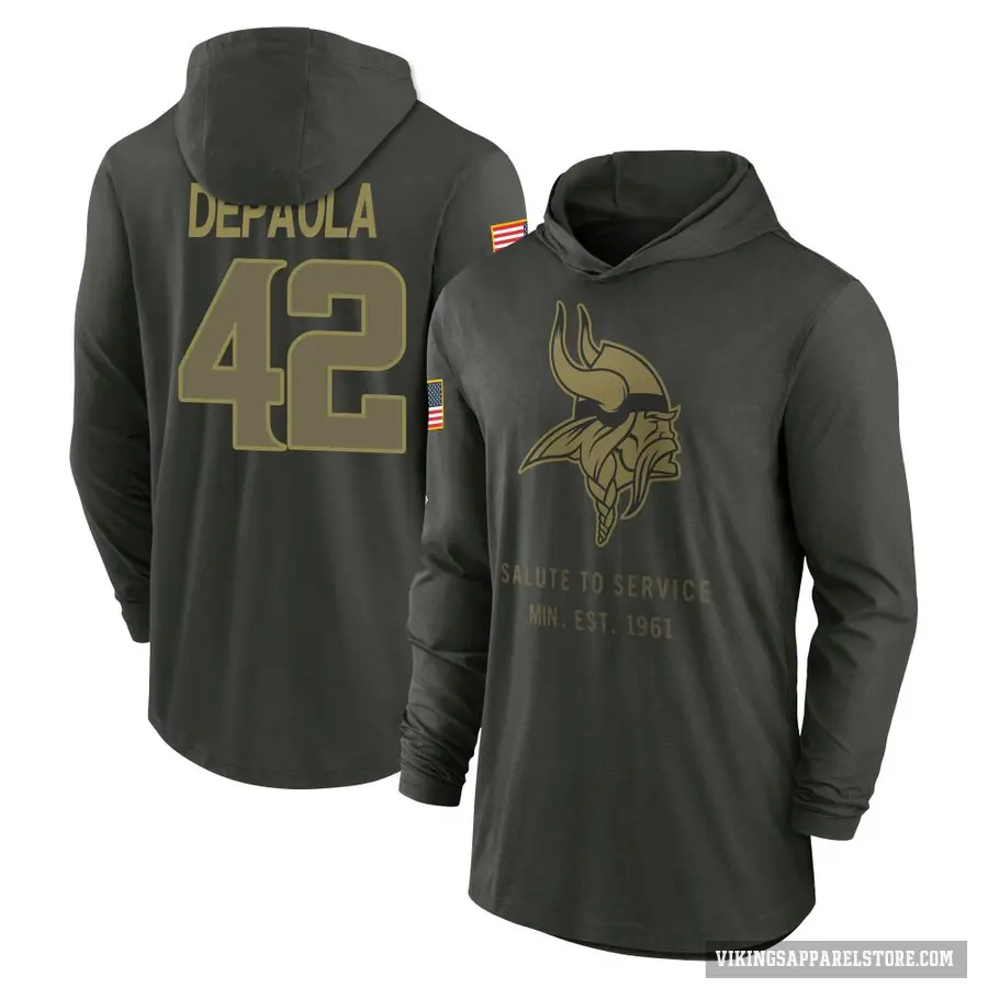 Men's ＃42 Andrew DePaola Minnesota Vikings Green Forest/ 2025 Salute to Service Sideline Lightweight Hooded Pullover Long Sleeve