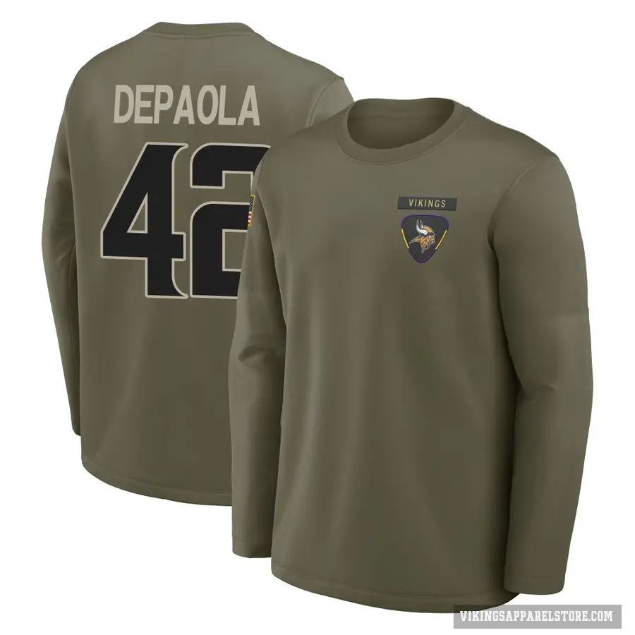 Men's ＃42 Andrew DePaola Minnesota Vikings Olive 2025 Salute to Service Sideline Coaches Long Sleeve T-Shirt