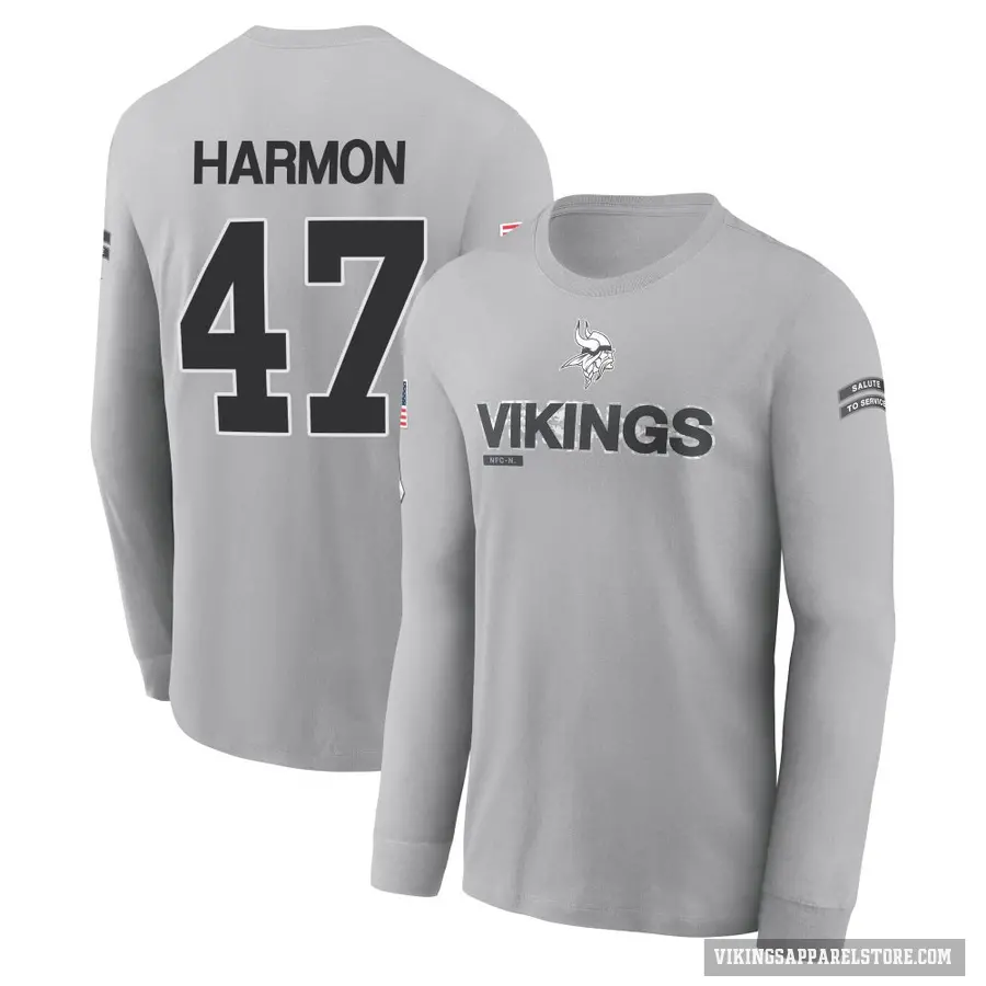 Men's ＃47 Matt Harmon Minnesota Vikings Gray 2024 Salute to Service Long Sleeve T-Shirt