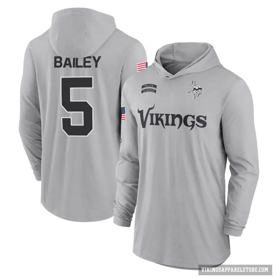 Men's ＃5 Dan Bailey Minnesota Vikings Gray 2024 Salute to Service Lightweight Performance Long Sleeve Hooded T-Shirt