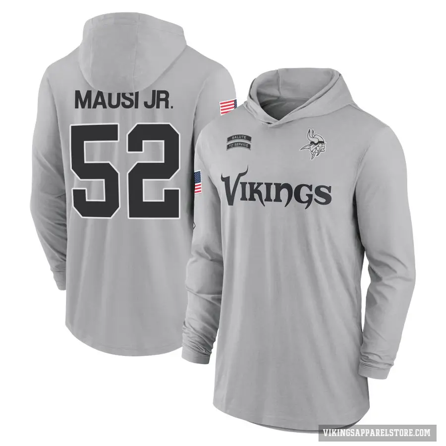 Men's ＃52 Dorian Mausi Jr. Minnesota Vikings Gray 2024 Salute to Service Lightweight Performance Long Sleeve Hooded T-Shirt