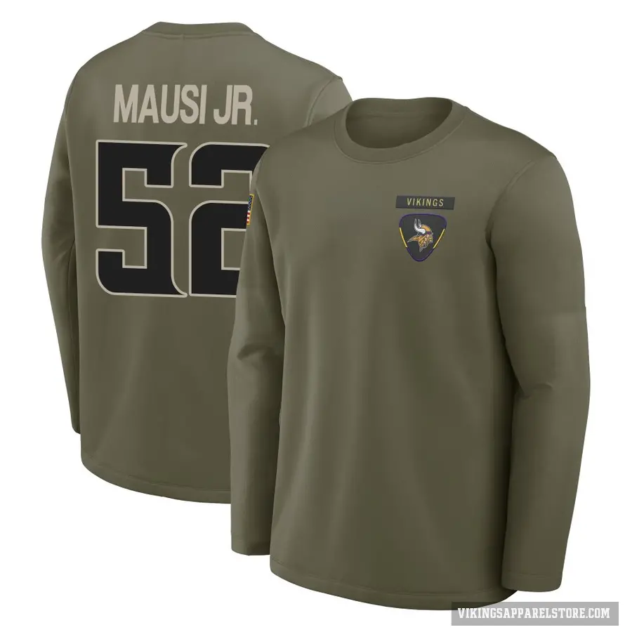 Men's ＃52 Dorian Mausi Jr. Minnesota Vikings Olive 2025 Salute to Service Sideline Coaches Long Sleeve T-Shirt