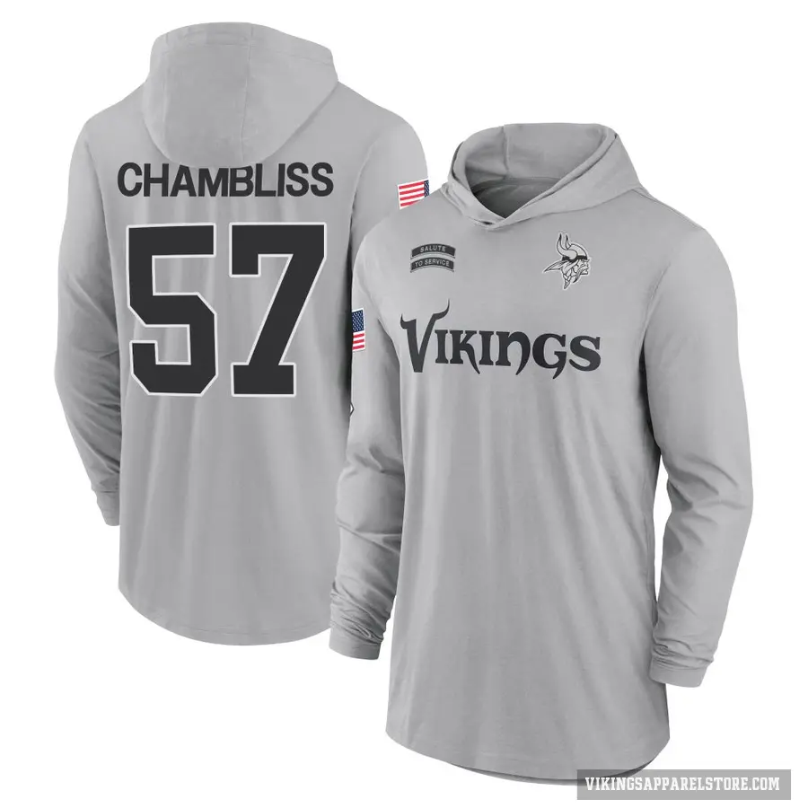Men's ＃57 Chaz Chambliss Minnesota Vikings Gray 2024 Salute to Service Lightweight Performance Long Sleeve Hooded T-Shirt