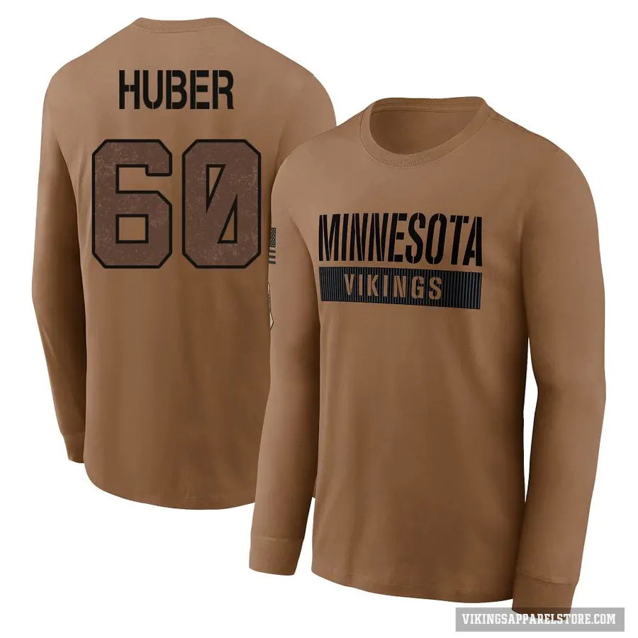 Men's ＃60 Joe Huber Minnesota Vikings Brown 2023 Salute To Service Long Sleeve T-Shirt