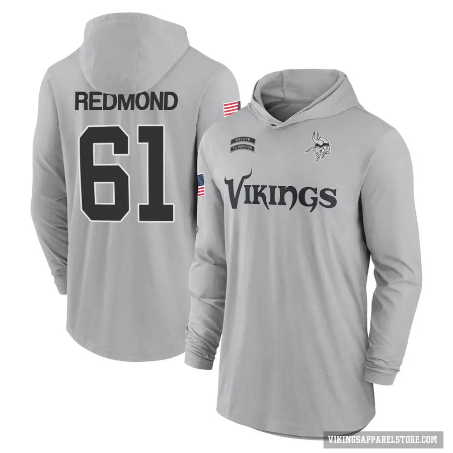 Men's ＃61 Jalen Redmond Minnesota Vikings Red Gray 2024 Salute to Service Lightweight Performance Long Sleeve Hooded T-Shirt