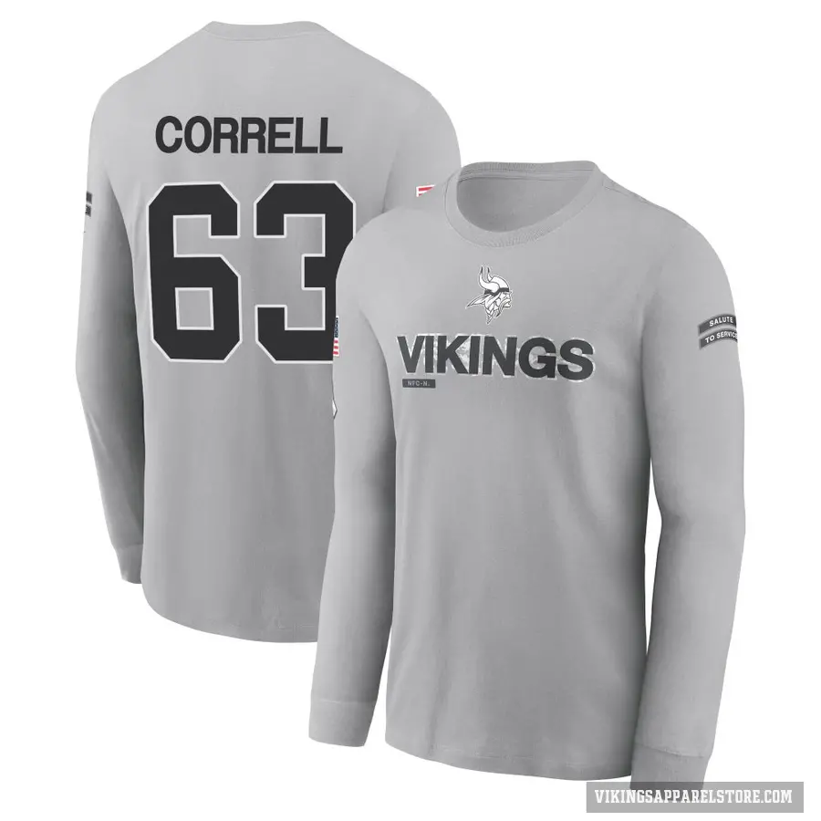 Men's ＃63 Zeke Correll Minnesota Vikings Gray 2024 Salute to Service Long Sleeve T-Shirt