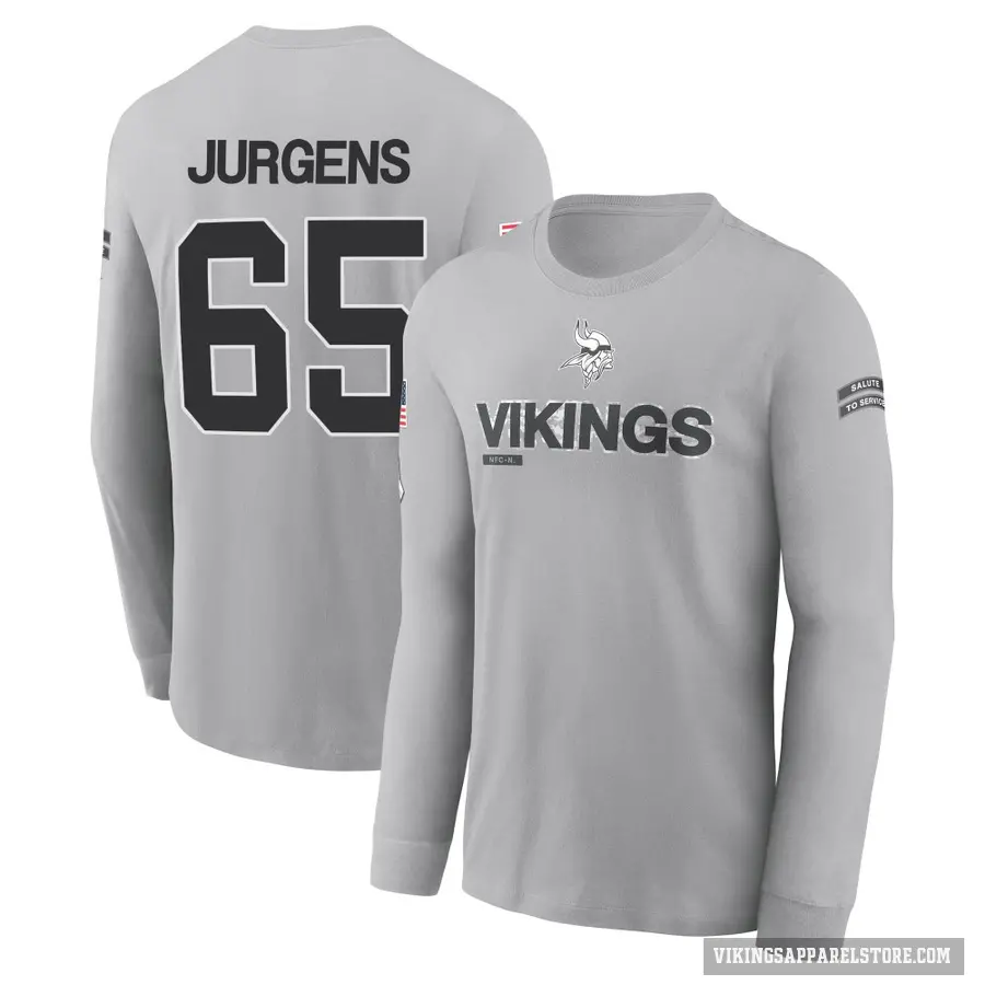 Men's ＃65 Michael Jurgens Minnesota Vikings Gray 2024 Salute to Service Long Sleeve T-Shirt