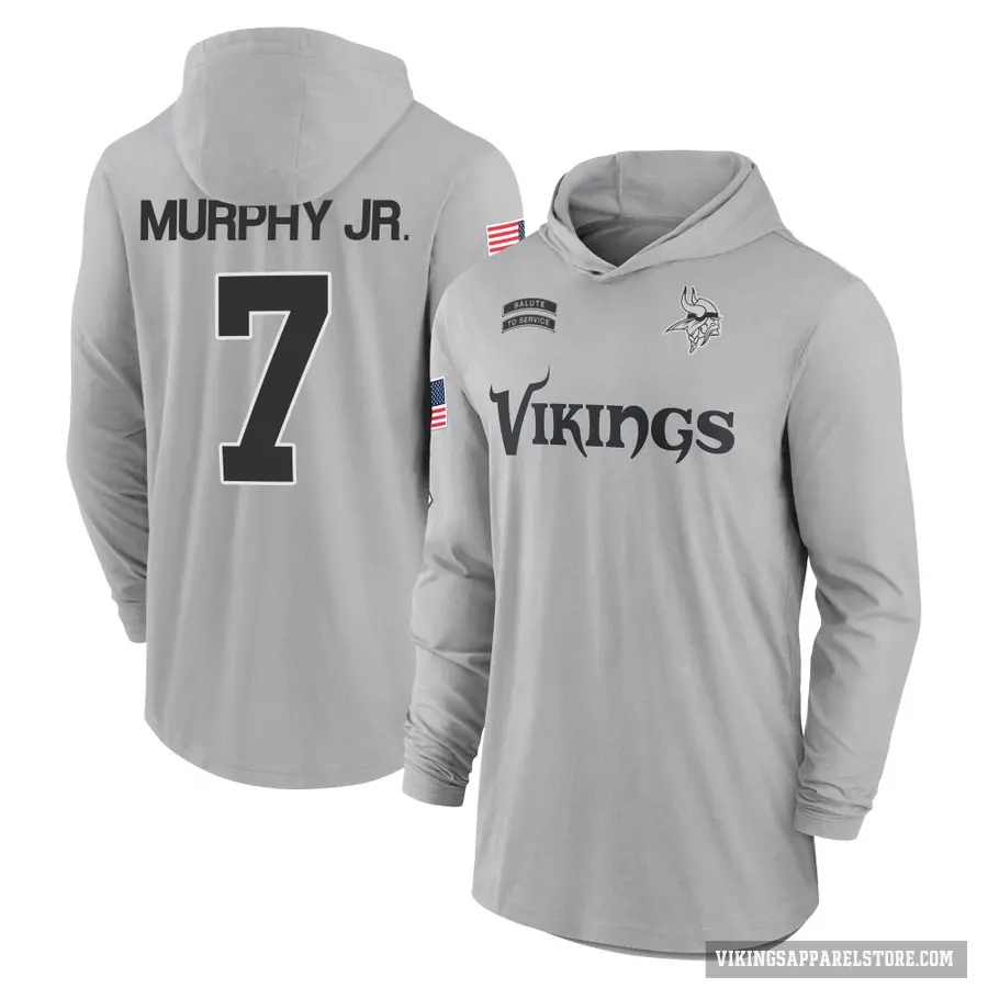 Men's ＃7 Byron Murphy Jr. Minnesota Vikings Gray 2024 Salute to Service Lightweight Performance Long Sleeve Hooded T-Shirt