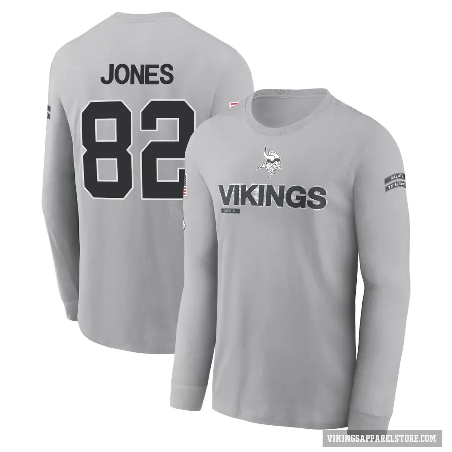 Men's ＃82 Jeshaun Jones Minnesota Vikings Gray 2024 Salute to Service Long Sleeve T-Shirt
