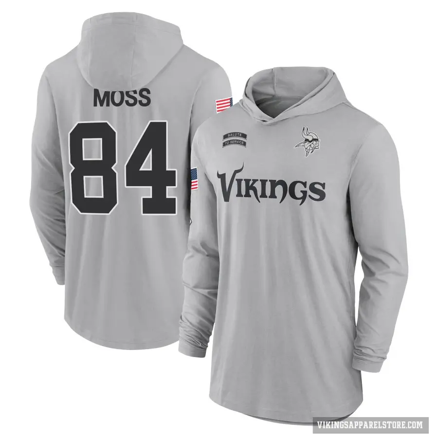 Men's ＃84 Randy Moss Minnesota Vikings Gray 2024 Salute to Service Lightweight Performance Long Sleeve Hooded T-Shirt