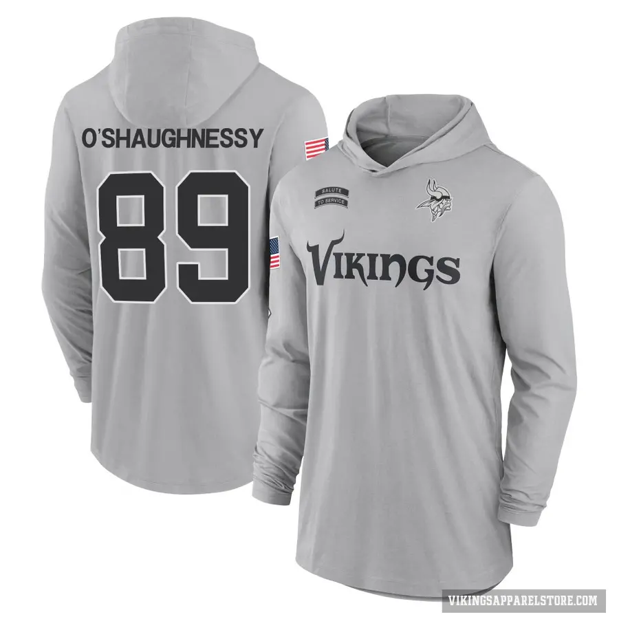Men's ＃89 James O'Shaughnessy Minnesota Vikings Gray 2024 Salute to Service Lightweight Performance Long Sleeve Hooded T-Shirt