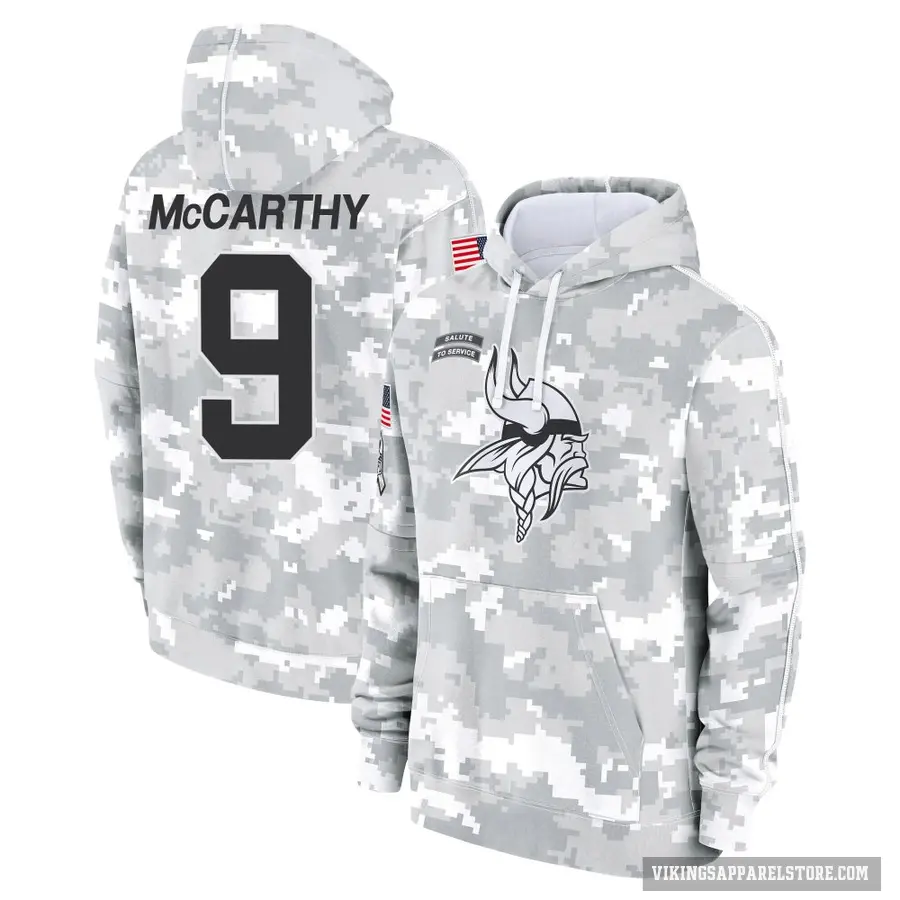 Men's ＃9 J.J. McCarthy Minnesota Vikings Arctic Camo 2024 Salute to Service Club Fleece Pullover Hoodie