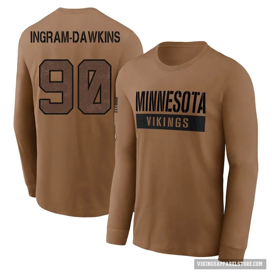 Men's ＃90 Tyrion Ingram-Dawkins Minnesota Vikings Brown 2023 Salute To Service Long Sleeve T-Shirt