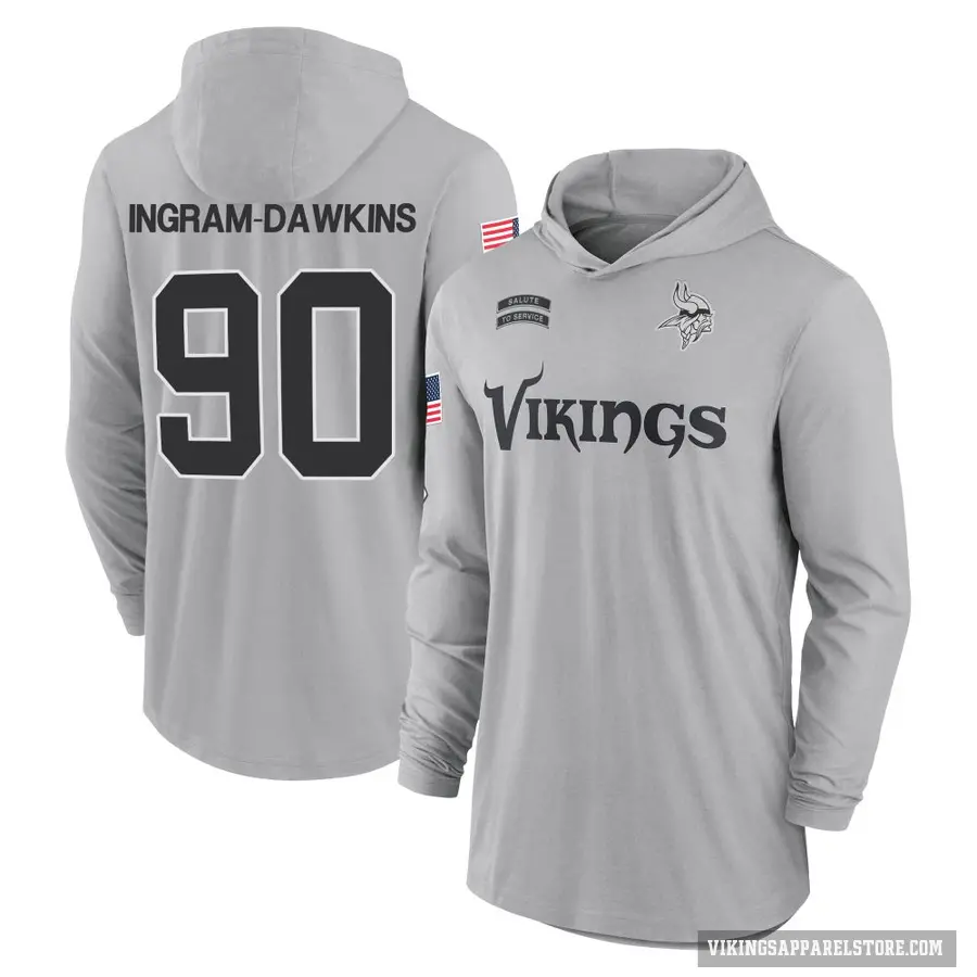 Men's ＃90 Tyrion Ingram-Dawkins Minnesota Vikings Gray 2024 Salute to Service Lightweight Performance Long Sleeve Hooded T-Shirt