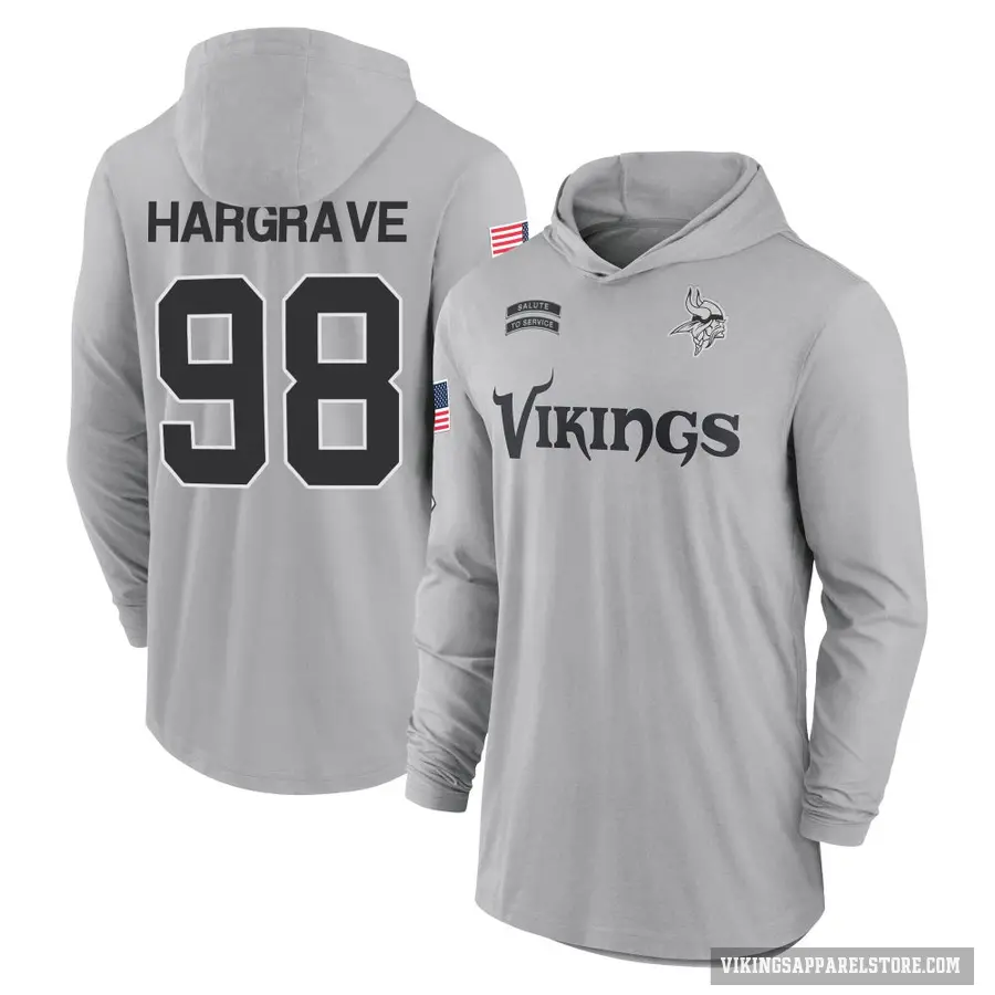 Men's ＃98 Javon Hargrave Minnesota Vikings Gray 2024 Salute to Service Lightweight Performance Long Sleeve Hooded T-Shirt