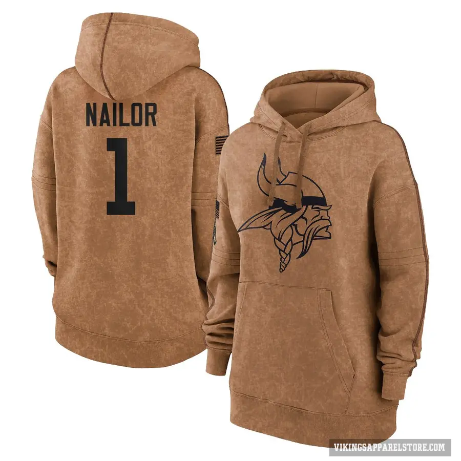 Women's ＃1 Jalen Nailor Minnesota Vikings Brown 2023 Salute To Service Pullover Hoodie