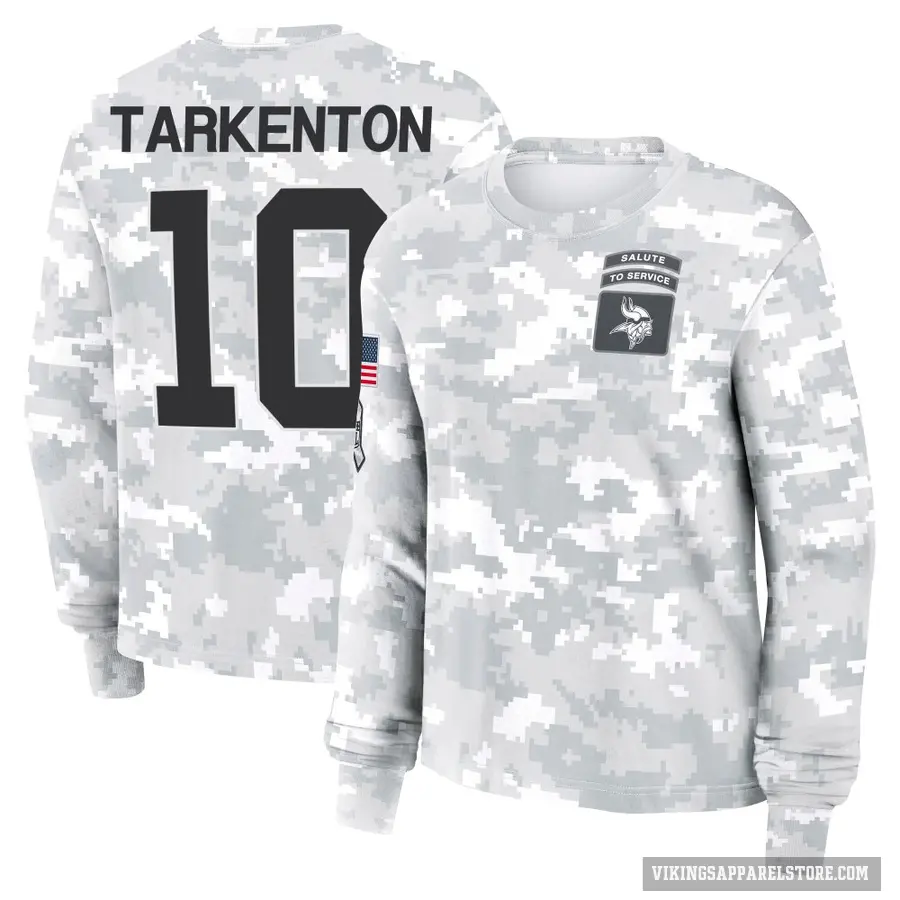 Women's ＃10 Fran Tarkenton Minnesota Vikings Camo Arctic 2024 Salute to Service Long Sleeve T-Shirt