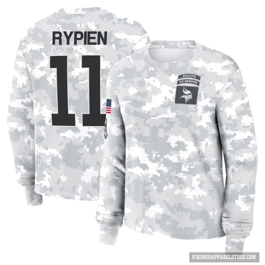 Women's ＃11 Brett Rypien Minnesota Vikings Camo Arctic 2024 Salute to Service Long Sleeve T-Shirt