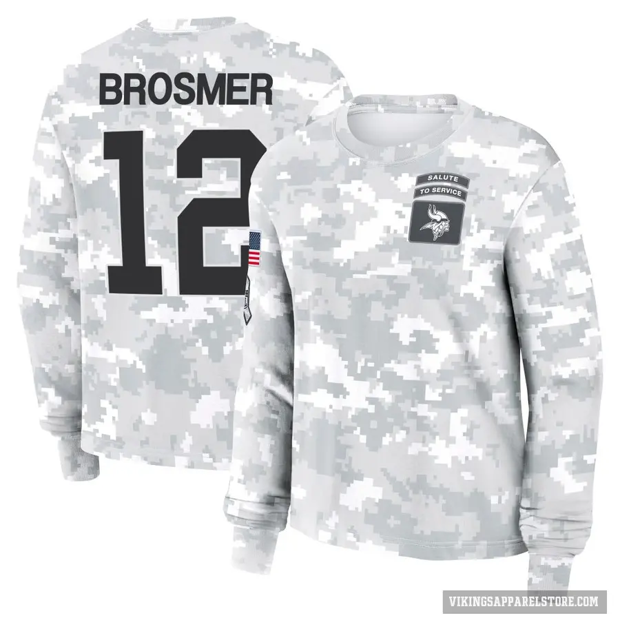 Women's ＃12 Max Brosmer Minnesota Vikings Camo Arctic 2024 Salute to Service Long Sleeve T-Shirt