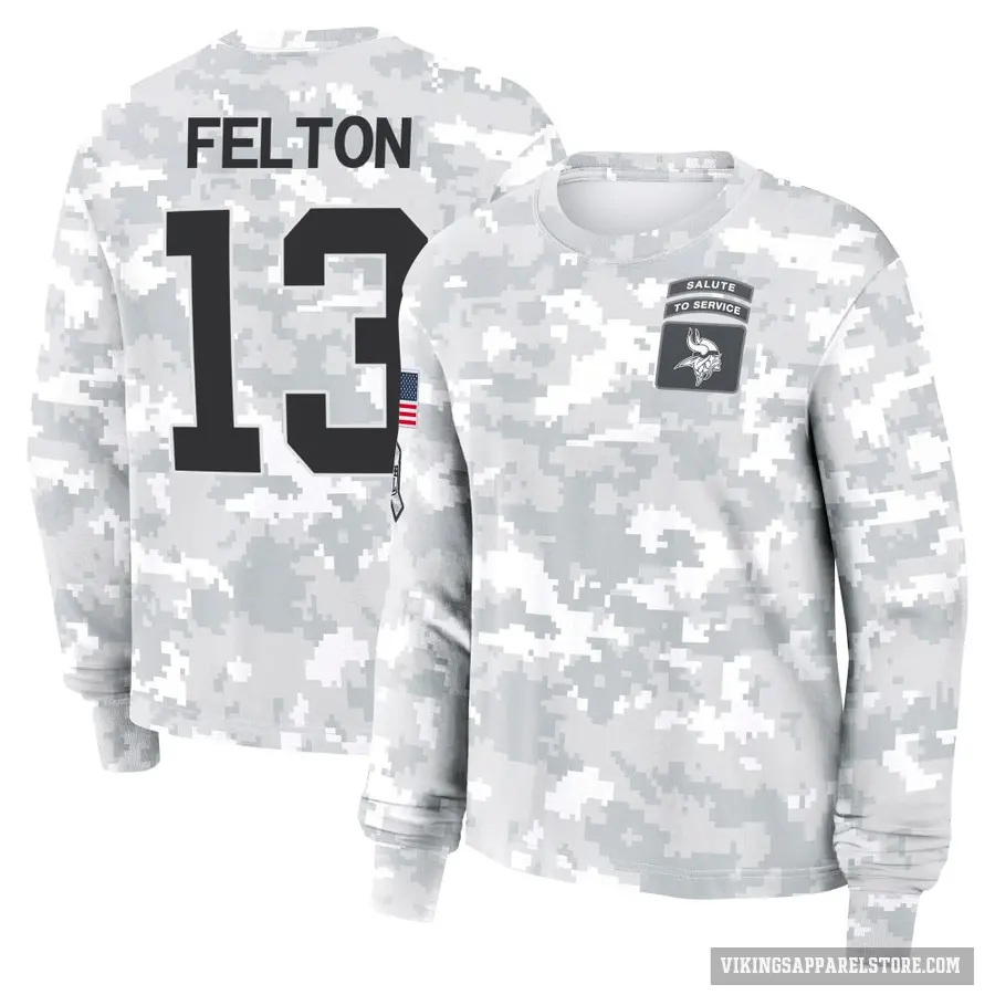 Women's ＃13 Tai Felton Minnesota Vikings Camo Arctic 2024 Salute to Service Long Sleeve T-Shirt