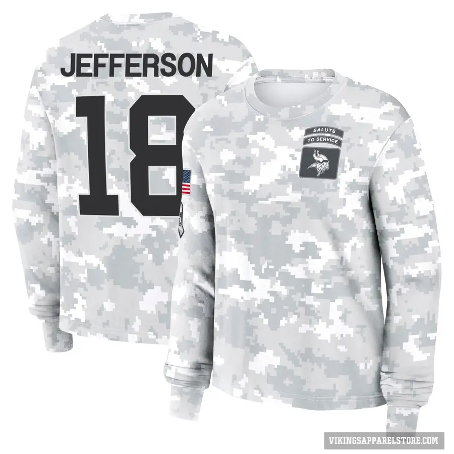 Women's ＃18 Justin Jefferson Minnesota Vikings Camo Arctic 2024 Salute to Service Long Sleeve T-Shirt