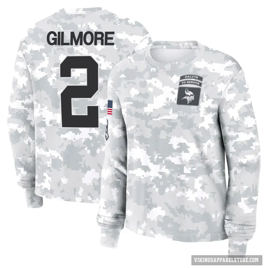 Women's ＃2 Stephon Gilmore Minnesota Vikings Camo Arctic 2024 Salute to Service Long Sleeve T-Shirt