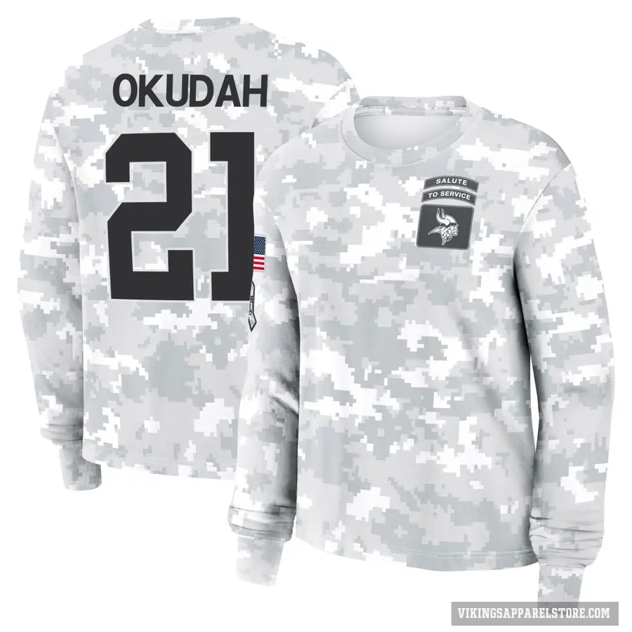 Women's ＃21 Jeff Okudah Minnesota Vikings Camo Arctic 2024 Salute to Service Long Sleeve T-Shirt