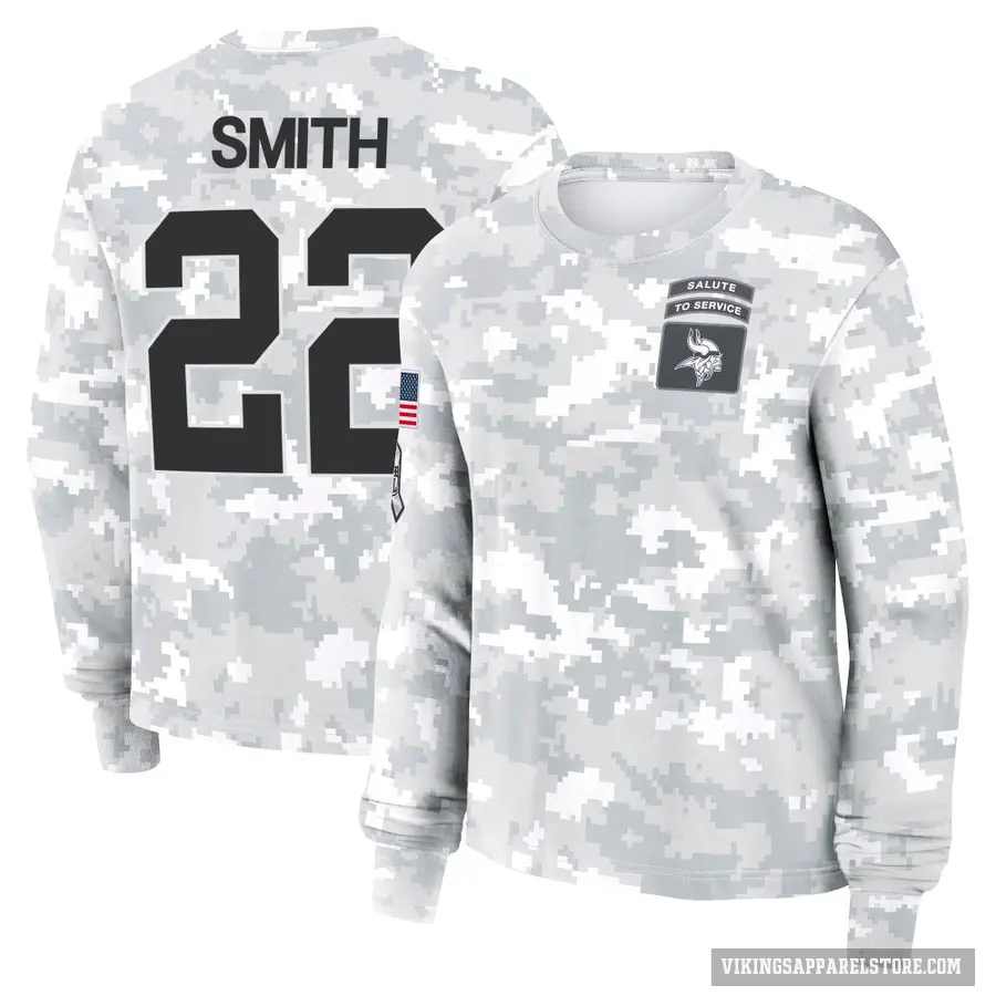 Women's ＃22 Harrison Smith Minnesota Vikings Camo Arctic 2024 Salute to Service Long Sleeve T-Shirt