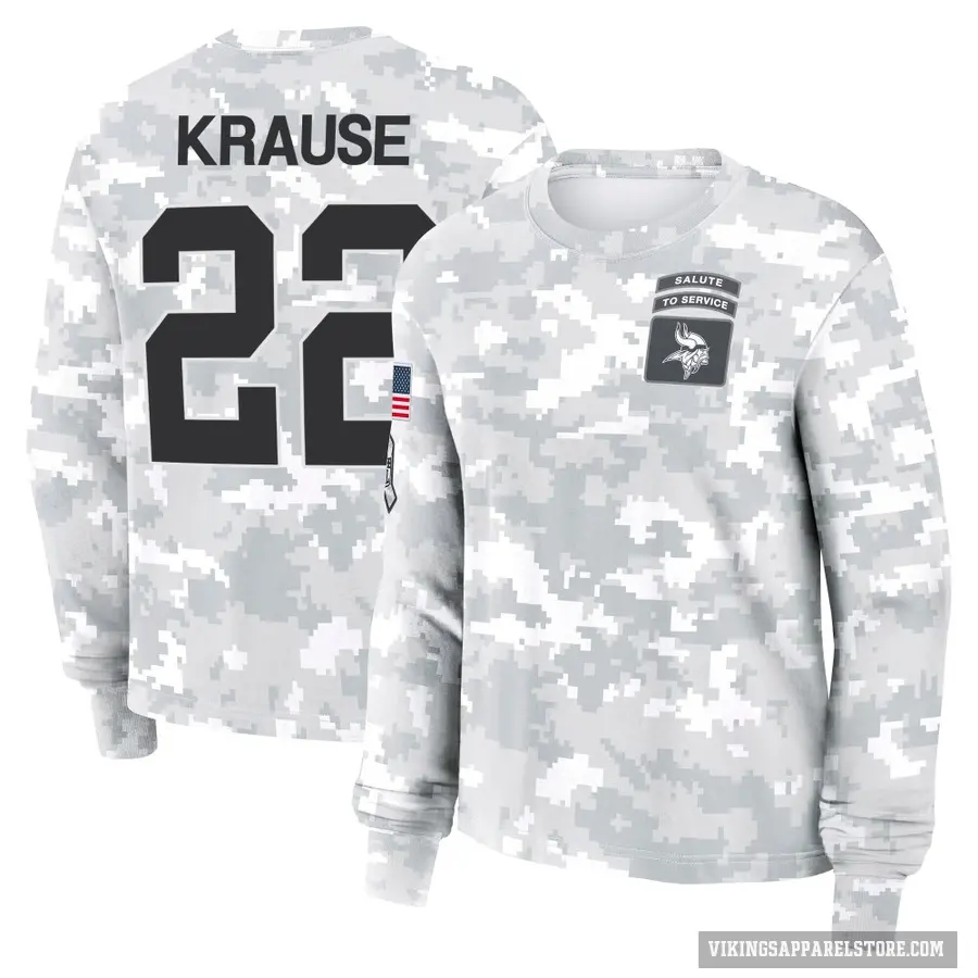 Women's ＃22 Paul Krause Minnesota Vikings Camo Arctic 2024 Salute to Service Long Sleeve T-Shirt