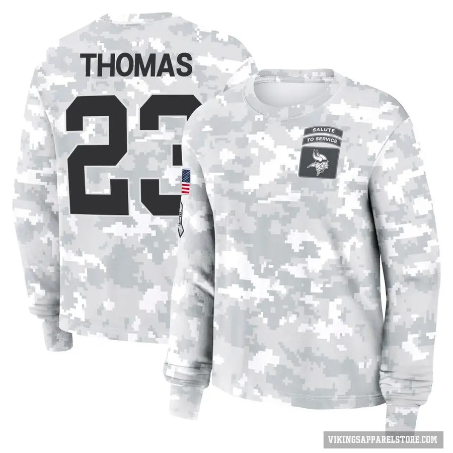 Women's ＃23 Ambry Thomas Minnesota Vikings Camo Arctic 2024 Salute to Service Long Sleeve T-Shirt