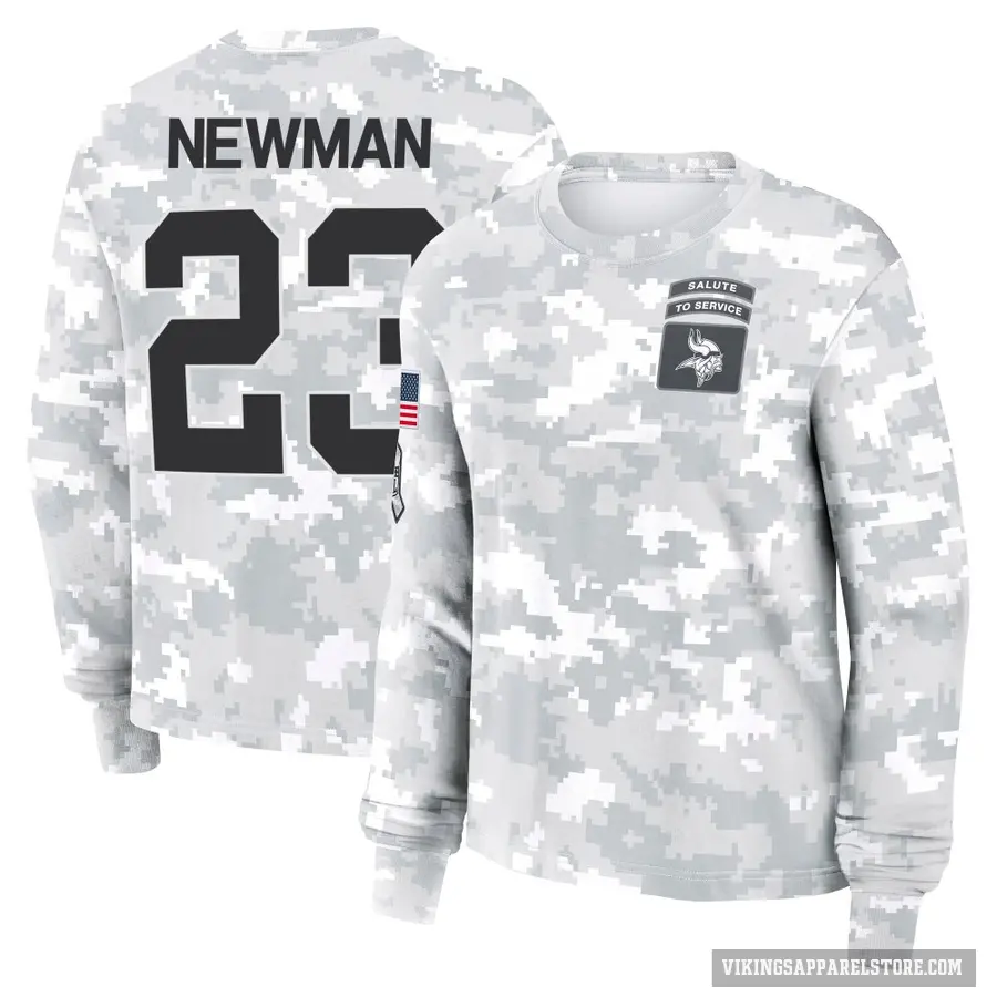 Women's ＃23 Terence Newman Minnesota Vikings Camo Arctic 2024 Salute to Service Long Sleeve T-Shirt