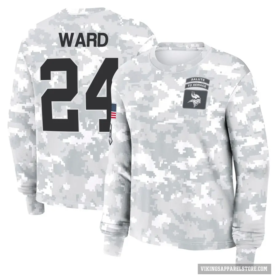 Women's ＃24 Jay Ward Minnesota Vikings Camo Arctic 2024 Salute to Service Long Sleeve T-Shirt