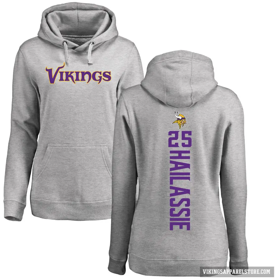 Women's ＃25 Kahlef Hailassie Minnesota Vikings Pro Line Ash Backer Pullover Hoodie