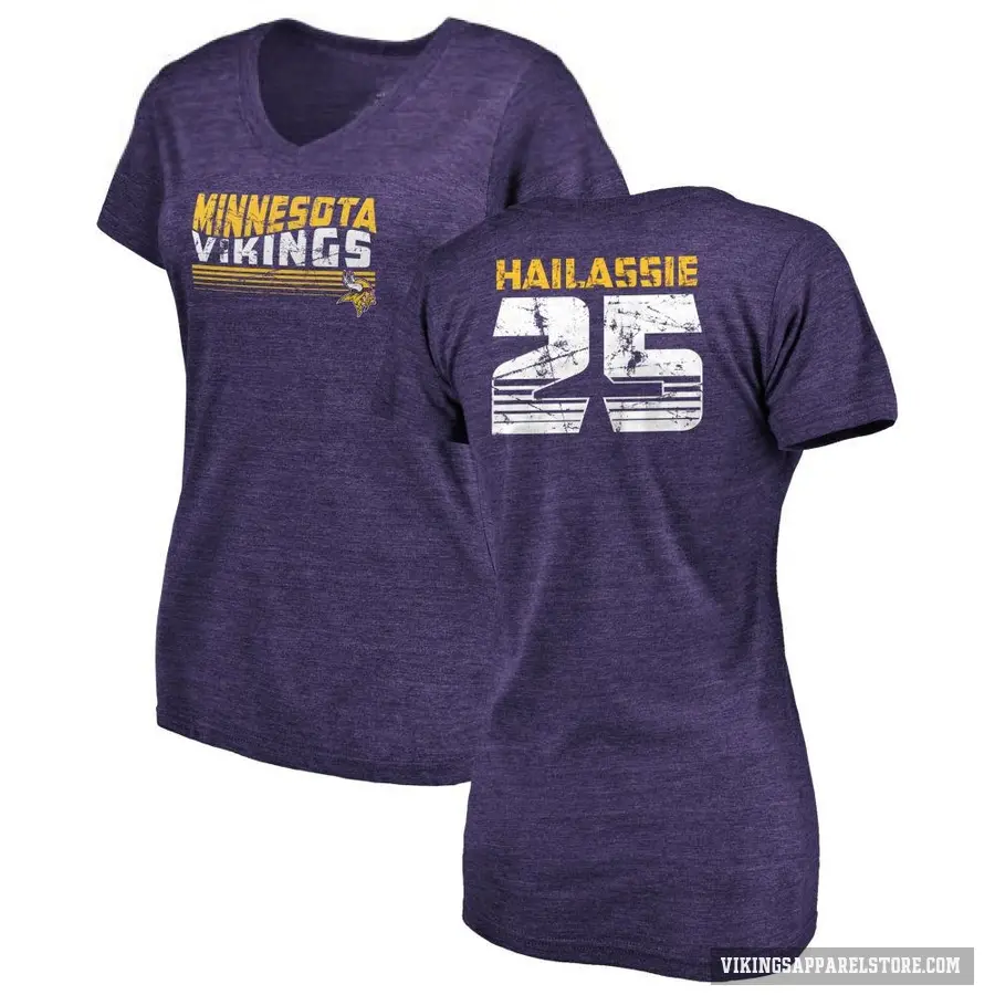 Women's ＃25 Kahlef Hailassie Minnesota Vikings Purple Retro V-Neck T-Shirt