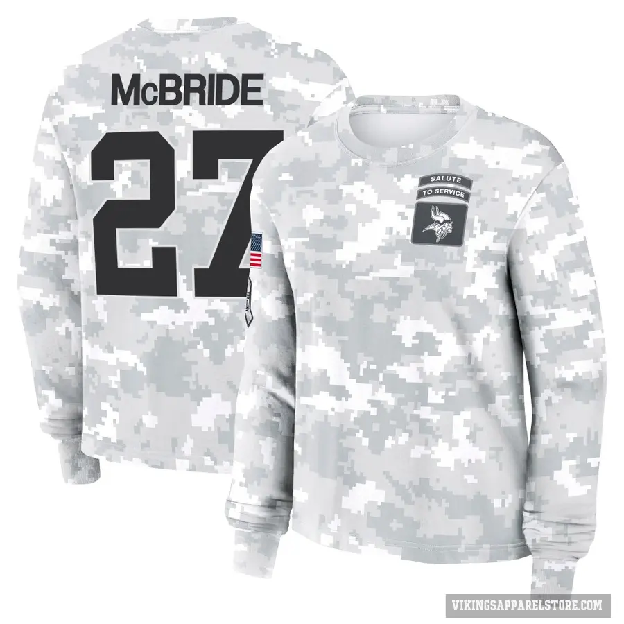 Women's ＃27 DeWayne McBride Minnesota Vikings Camo Arctic 2024 Salute to Service Long Sleeve T-Shirt