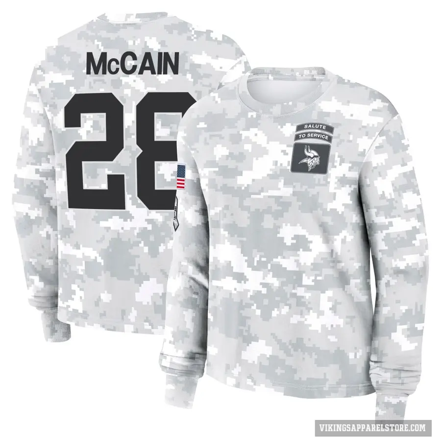 Women's ＃28 Bobby McCain Minnesota Vikings Camo Arctic 2024 Salute to Service Long Sleeve T-Shirt